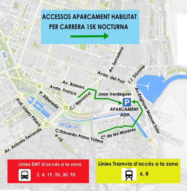 Accessos aparcament habilitat per la carrera 15K Nocturna