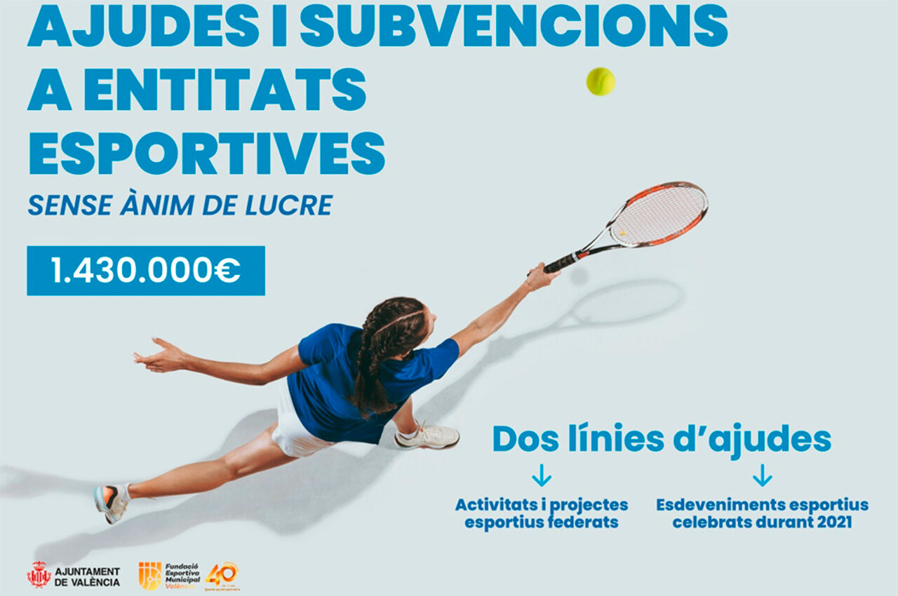 Abierto el plazo para solicitar las ayudas y subvenciones a entidades deportivas sin ánimo de lucro de València. El importe de las ayudas que otorgará el Ayuntamiento de València asciende a 1.430.000 euros